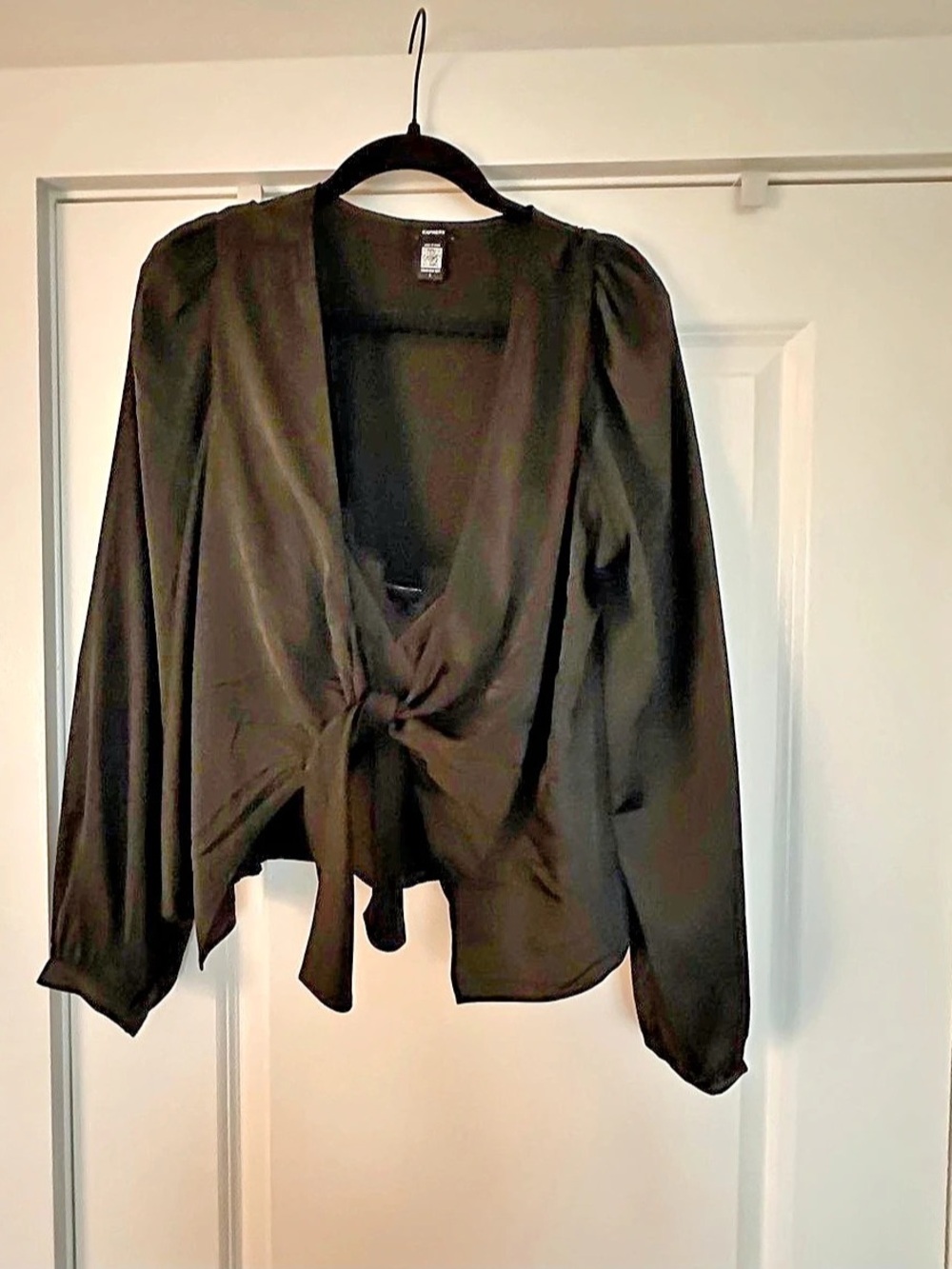 Express Satin Tie Front Long Sleeve Blouse Black